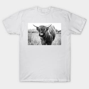 Highland Cow Landscape, Black and White T-Shirt